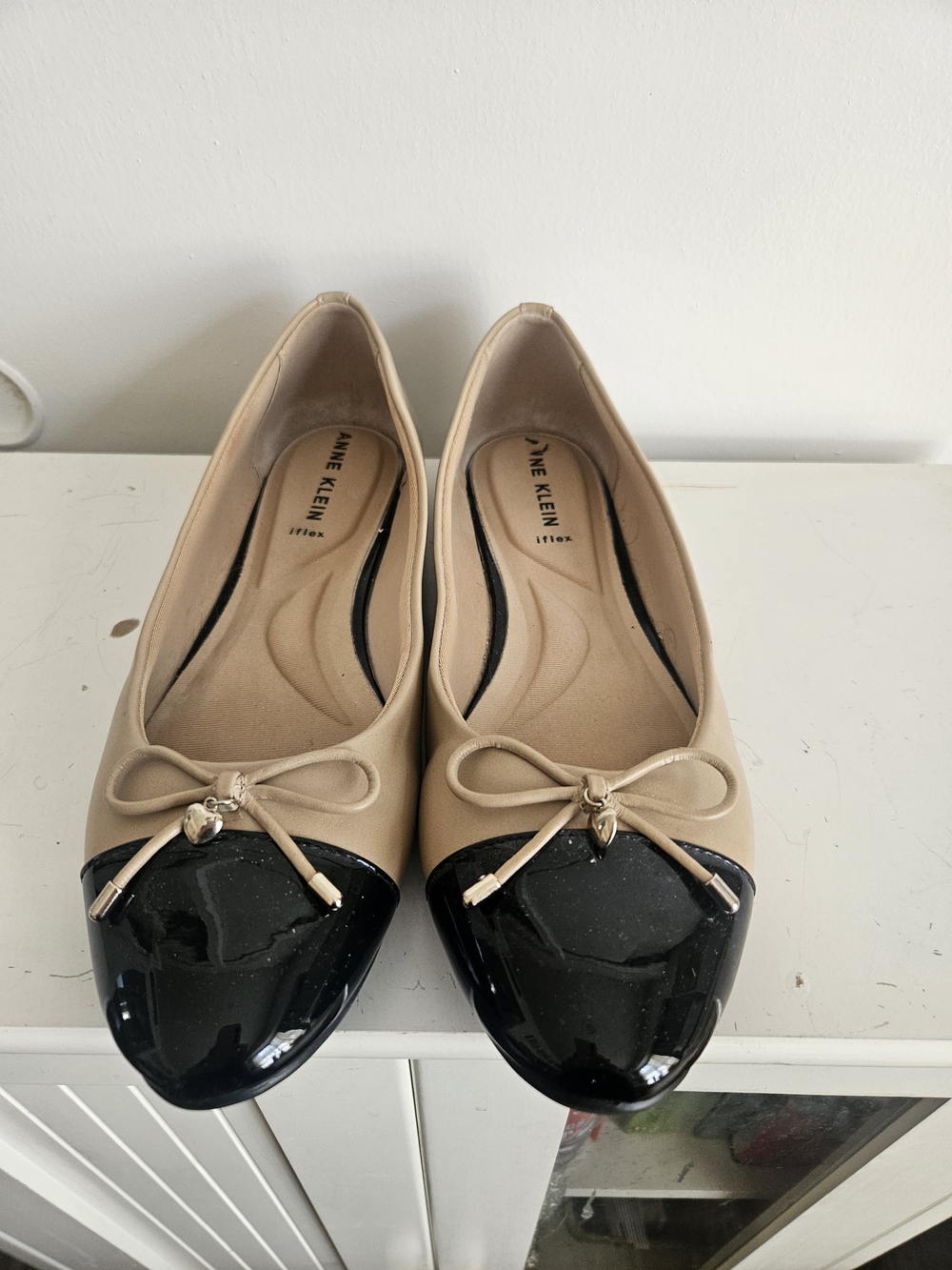 Anne Klein Nude and Black Patent Cap-Toe Bow Flats